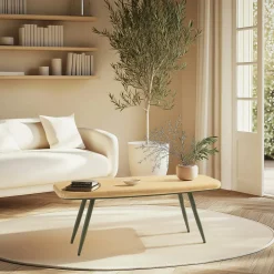 Tables Basses À Tiroirs|BAGAN Table de salon bois clair et pieds métal vert