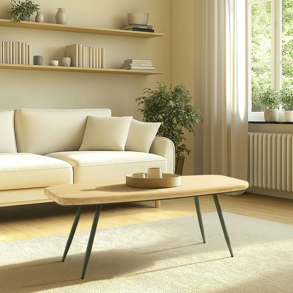 Tables Basses À Tiroirs|BAGAN Table de salon bois clair et pieds métal vert