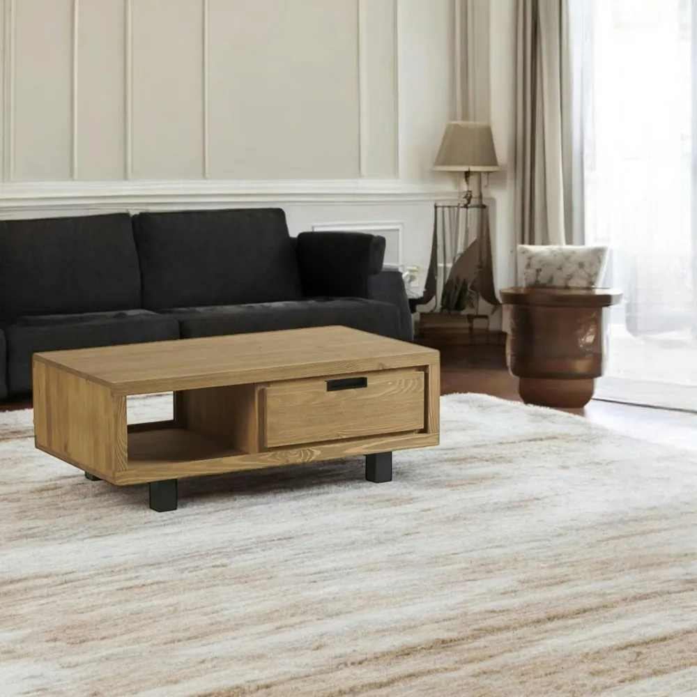 Tables Basses À Tiroirs|Tables Basses Industrielles|IASI Table de salon pin brossé 1 niche 1 tiroir