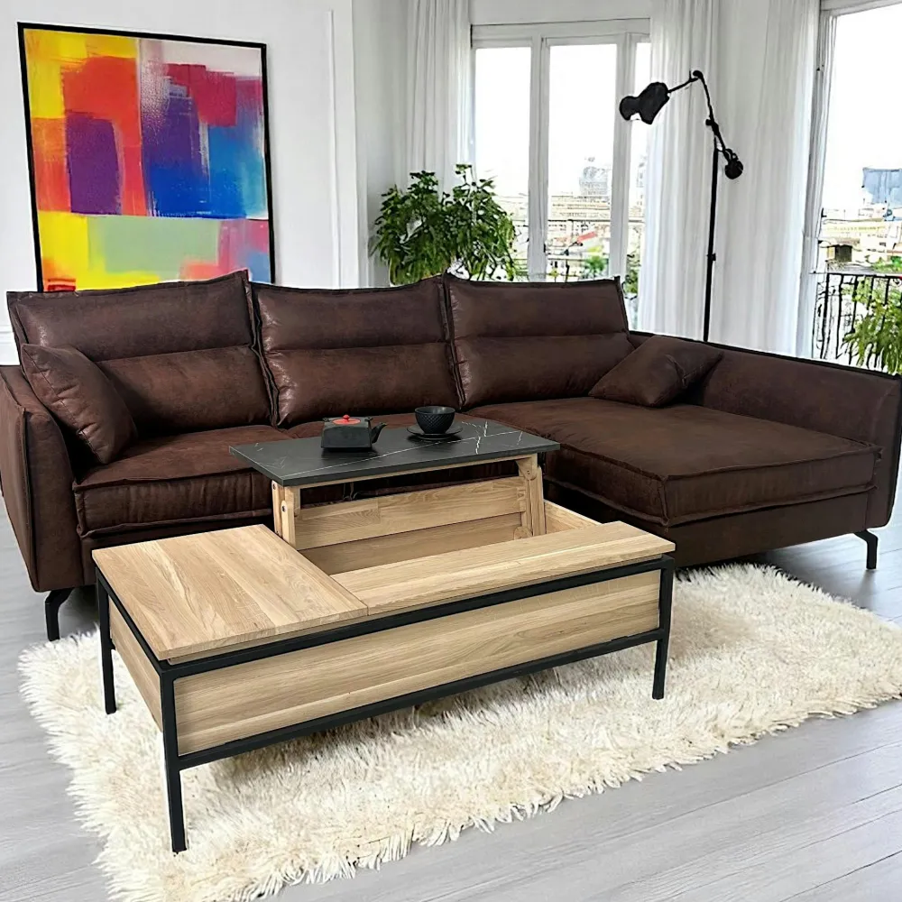 Tables Basses Design|ESSEN Table de salon relevable chêne blanc décor graphique