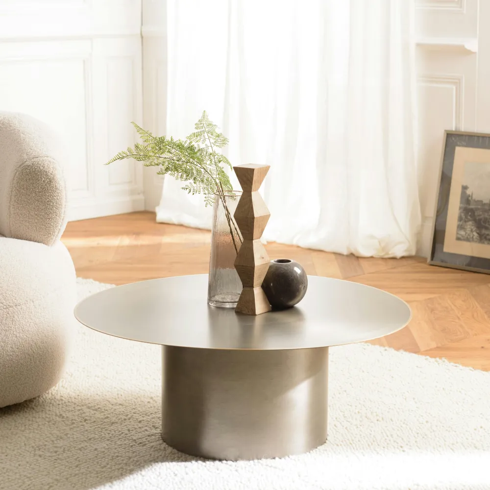 Tables Basses Rondes|ZALA Table de salon ronde métal argenté bord doré D80 cm
