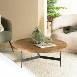 Tables Basses Rondes|Tables Basses Industrielles|CRACOVIE Table de salon ronde pin recyclé et métal 90 cm