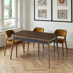 Tables À Manger Rectangulaires|Tables À Manger En Bois|LUNOR Table extensible effet noyer, décor baguettes 132-170 cm