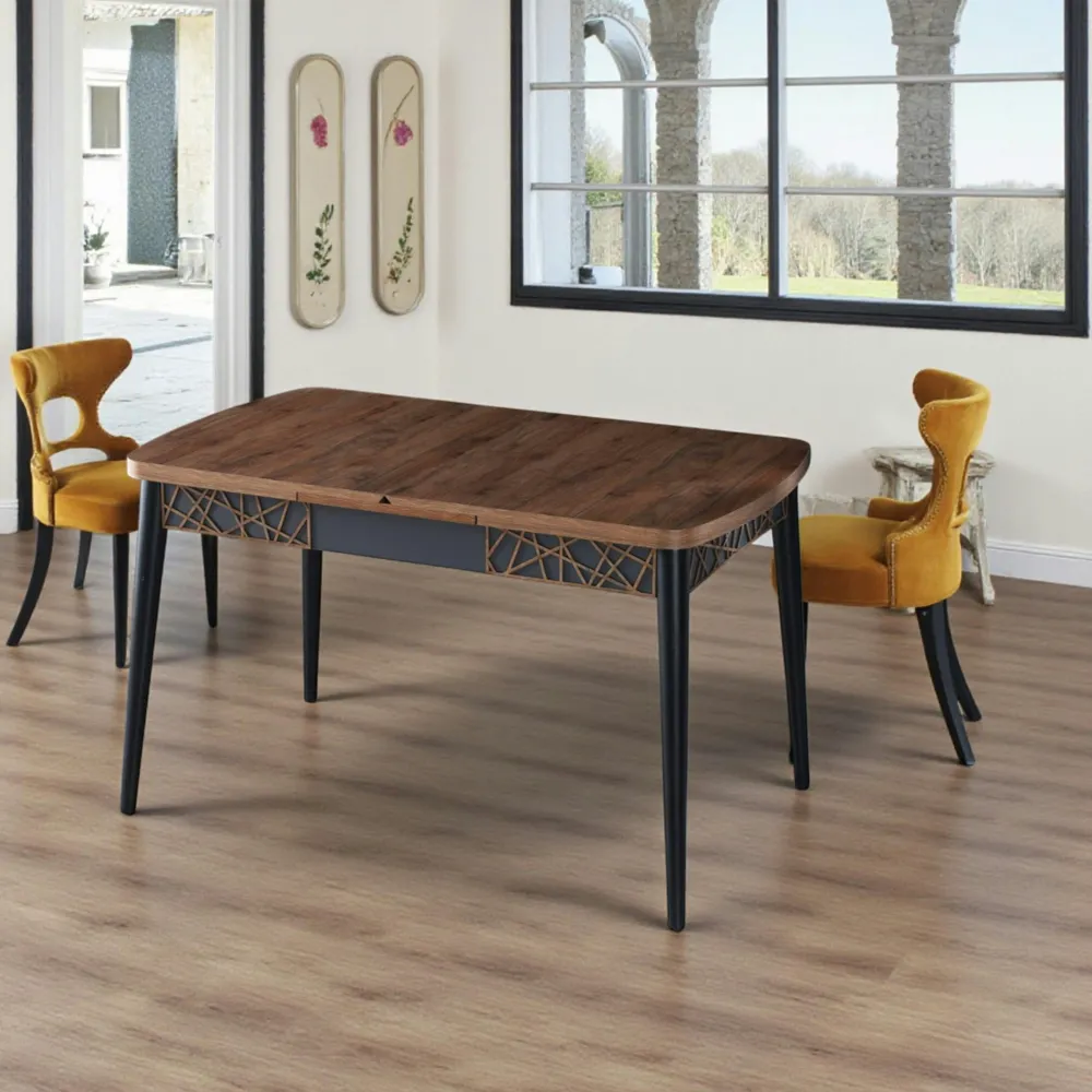 Tables À Manger Rectangulaires|Tables À Manger En Bois|LUNOR Table extensible effet noyer, décor baguettes 132-170 cm