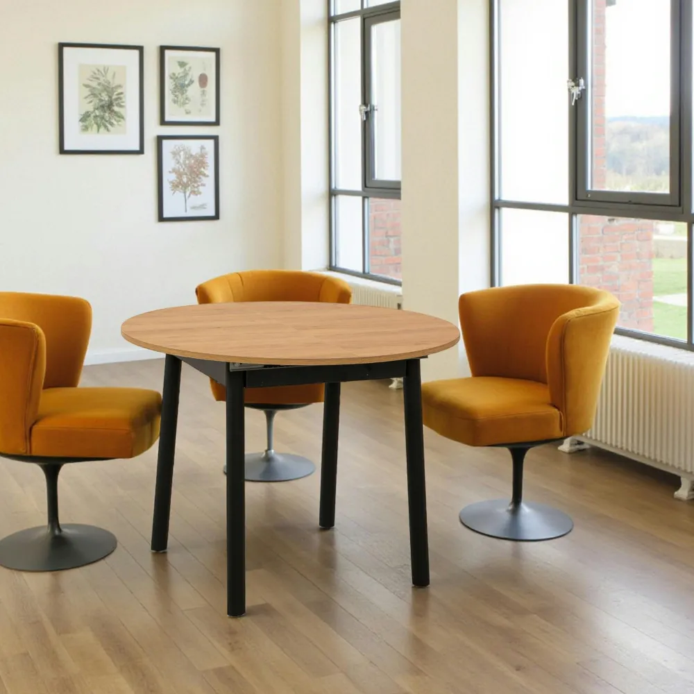 Tables À Manger Rondes|Tables À Manger En Bois|ARDEN Table extensible ronde effet chêne pieds noirs Ø100-131 cm