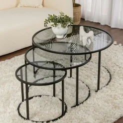 Sellettes En Métal|Tables D'Appoint Rondes|TULUM Table gigogne en verre - cadre noir (lot de 2) ⌀60 cm
