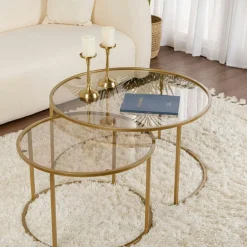 Sellettes En Métal|Tables D'Appoint Rondes|TULUM Table gigogne en verre - cadre noir (lot de 2) ⌀60 cm