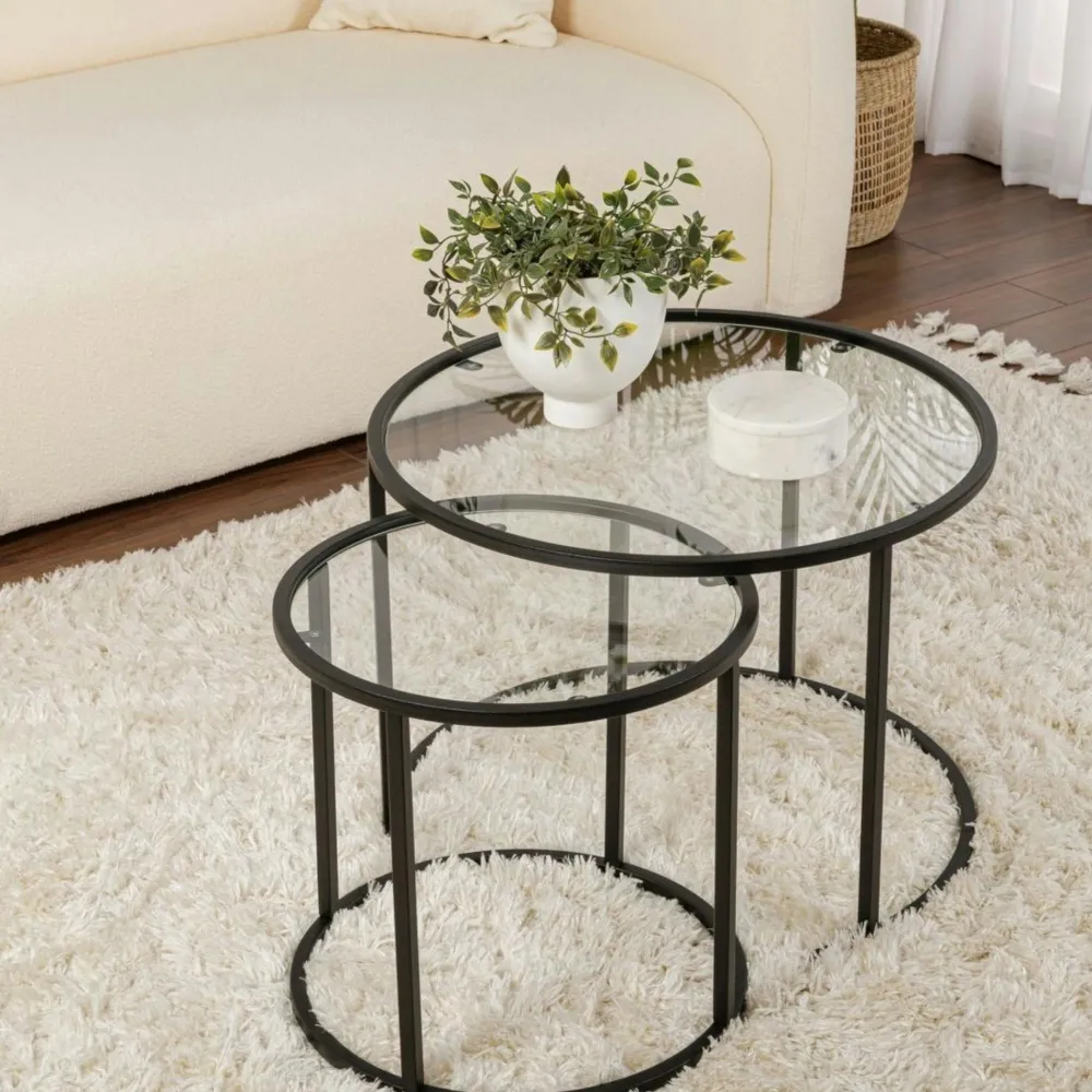 Sellettes En Métal|Tables D'Appoint Rondes|TULUM Table gigogne en verre - cadre doré (lot de 3) ⌀80 cm