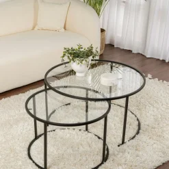 Sellettes En Métal|Tables D'Appoint Rondes|TULUM Table gigogne en verre - cadre noir (lot de 2) ⌀80 cm