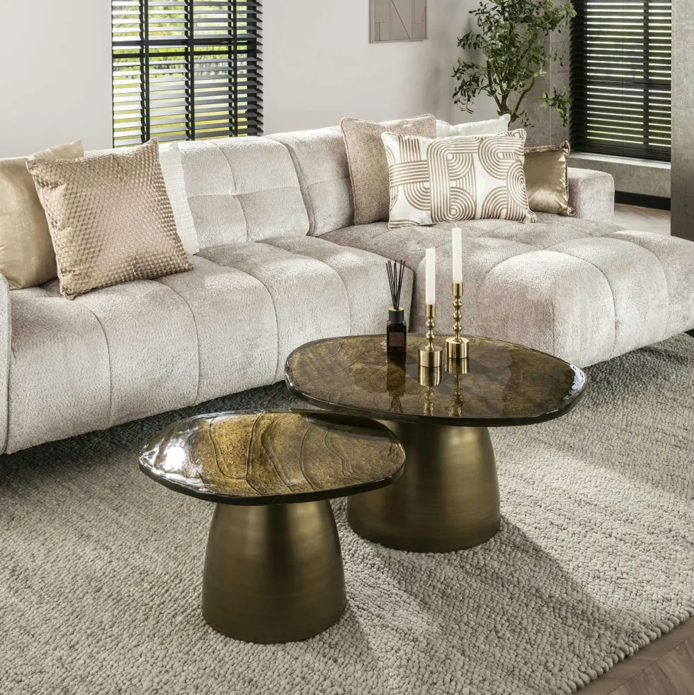 Tables Basses Design|Tables Basses En Verre|LAGUNA Table gigogne en verre – finition antique dorée (lot de 2)