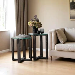 Sellettes En Métal|Tables D'Appoint Rondes|ANZIO Table gigogne ronde - verre et bois gris (lot de 2)