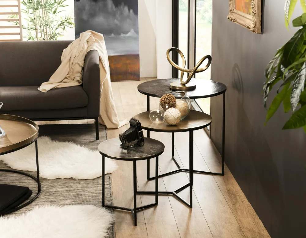 Bouts De Canapé En Métal|Bouts De Canapé Design|ZALA Table gigogne ronde noir or argent (lot de 3)