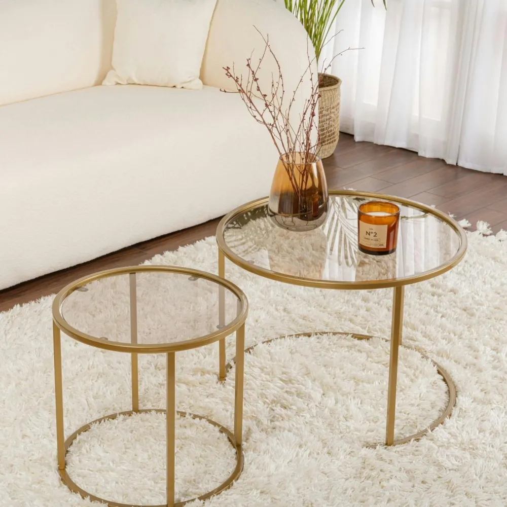 Sellettes En Métal|Tables D'Appoint Rondes|TULUM Table gigogne verre ambré - cadre doré (lot de 2) ⌀60 cm