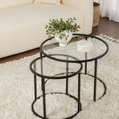 Sellettes En Métal|Tables D'Appoint Rondes|TULUM Table gigogne verre fumé - cadre noir (lot de 3) ⌀80 cm