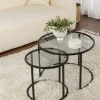 Sellettes En Métal|Tables D'Appoint Rondes|TULUM Table gigogne verre fumé - cadre noir (lot de 2) ⌀60 cm