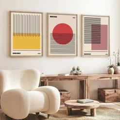 Tableaux / Toiles| Tableau abstrait – style Bauhaus, cadre bois (lot de 3)