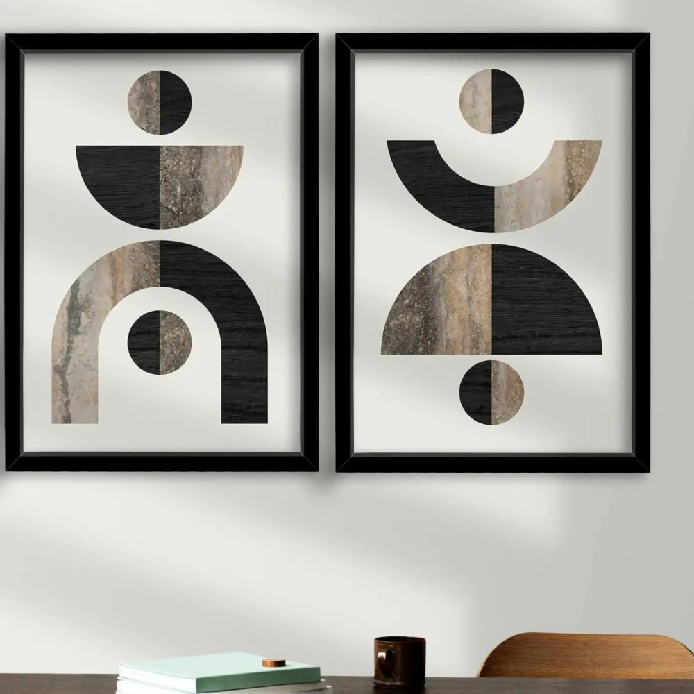 Tableaux / Toiles| Tableau abstrait géométrique noir et marbre (set de 2)