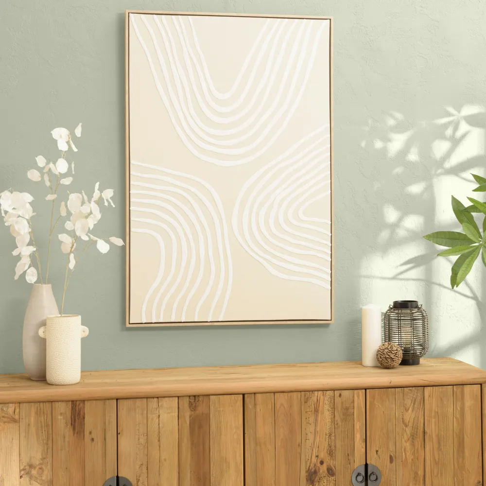 Tableaux / Toiles| Tableau blanc lignes abstraites peinture au sable 83 x 123 cm