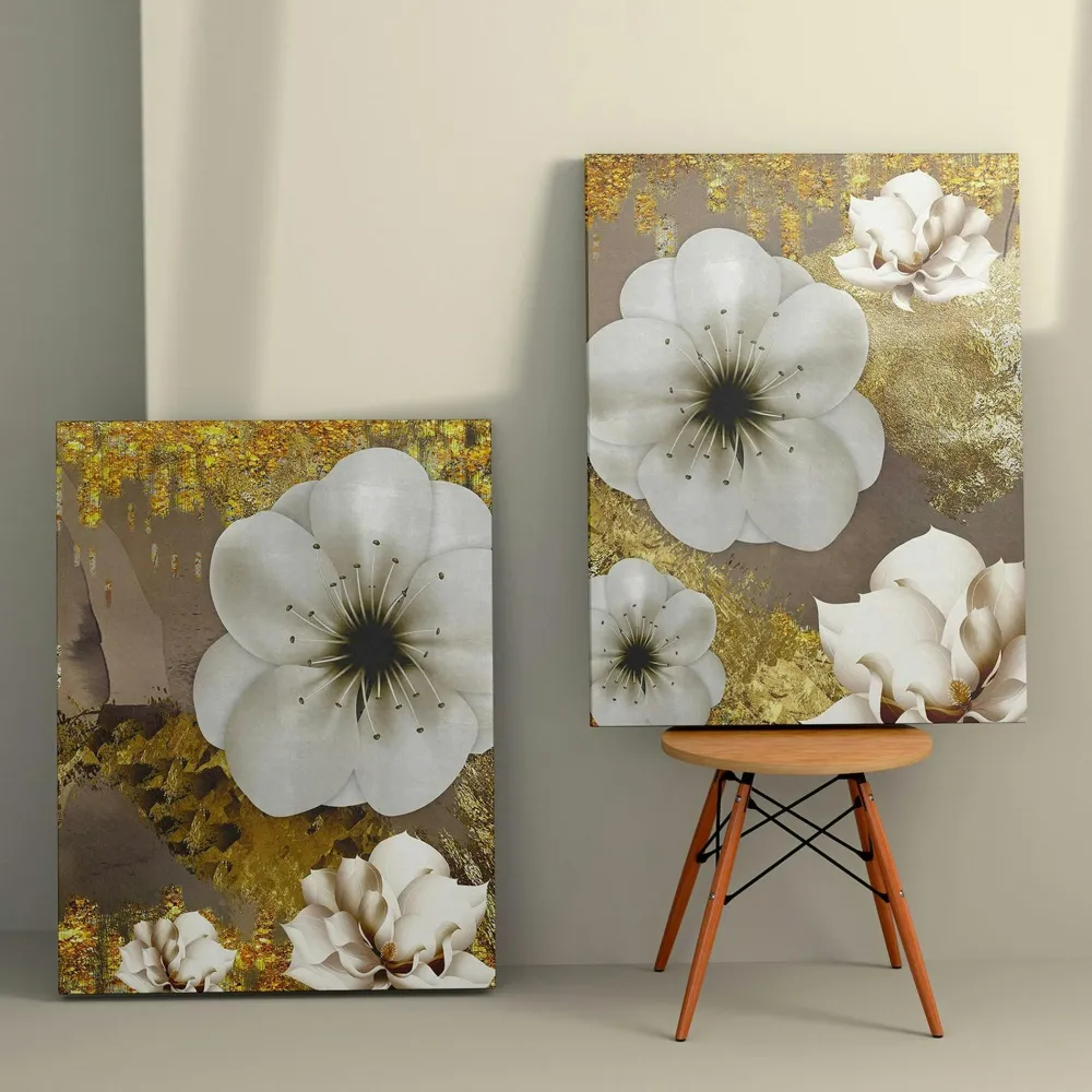Tableaux / Toiles| Tableau fleurs blanches – fond taupe et or (set de 2)