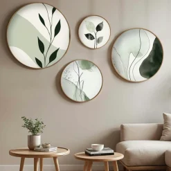 Tableaux / Toiles| Tableau rond nature vert et blanc – cadre bois (set de 4)