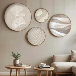 Tableaux / Toiles| Tableau rond zen beige et bois – nature abstraite (set de 4)