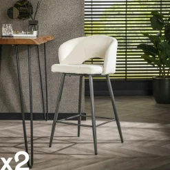Univers Déco·Design Contemporain|Chaises Bouclettes|GALWAY Tabouret de bar en tissu bouclette blanc avec dossier ouvert (lot de 2)