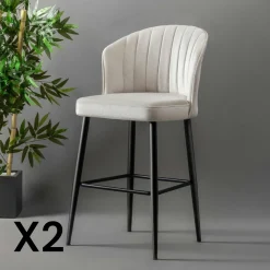 Tabourets De Bar En Velours|ROSARIO Tabouret de bar en velours écru 65 cm (lot de 2)