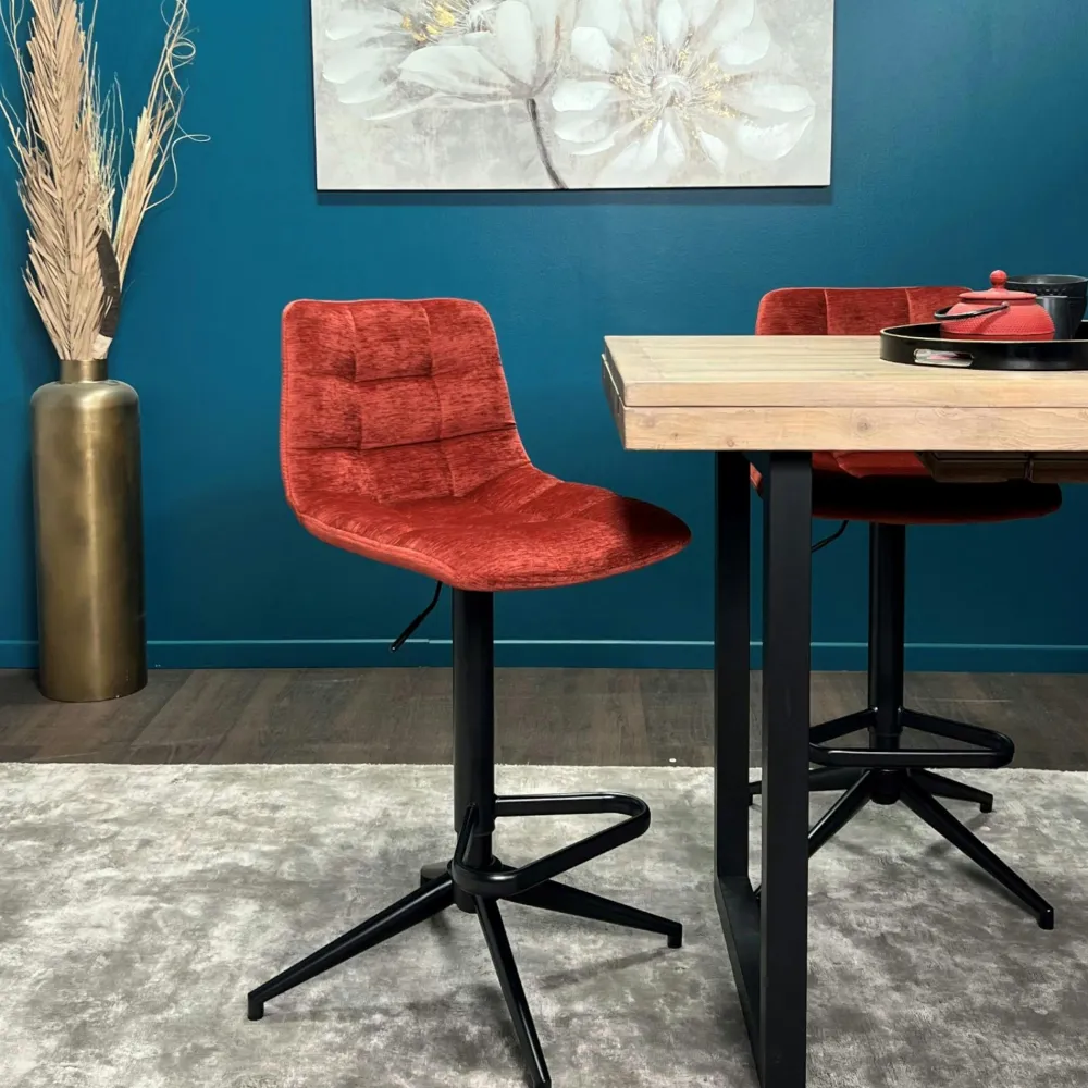 Tabourets De Bar En Velours|PALERME Tabouret de bar pivotant motif damier, velours rouge (lot de 2)