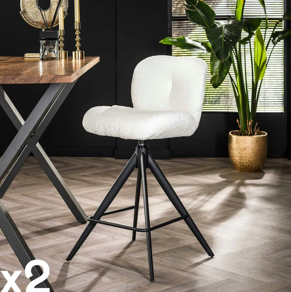 Univers Déco·Design Contemporain|GALWAY Tabouret de bar pivotant en bouclette blanche (lot de 2)