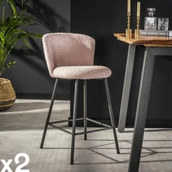 Univers Déco·Design Contemporain|Chaises Bouclettes|GALWAY Tabouret de bar rose en tissu bouclette (lot de 2)