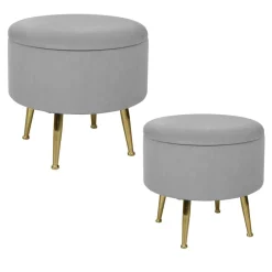 Meubles De Salon·Poufs|TIM Tabouret pouf rond tissu gris pieds dorés (lot de 2)