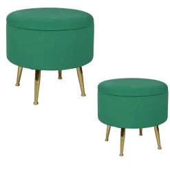 Meubles De Salon·Poufs|TIM Tabouret pouf rond tissu vert pieds dorés (lot de 2)