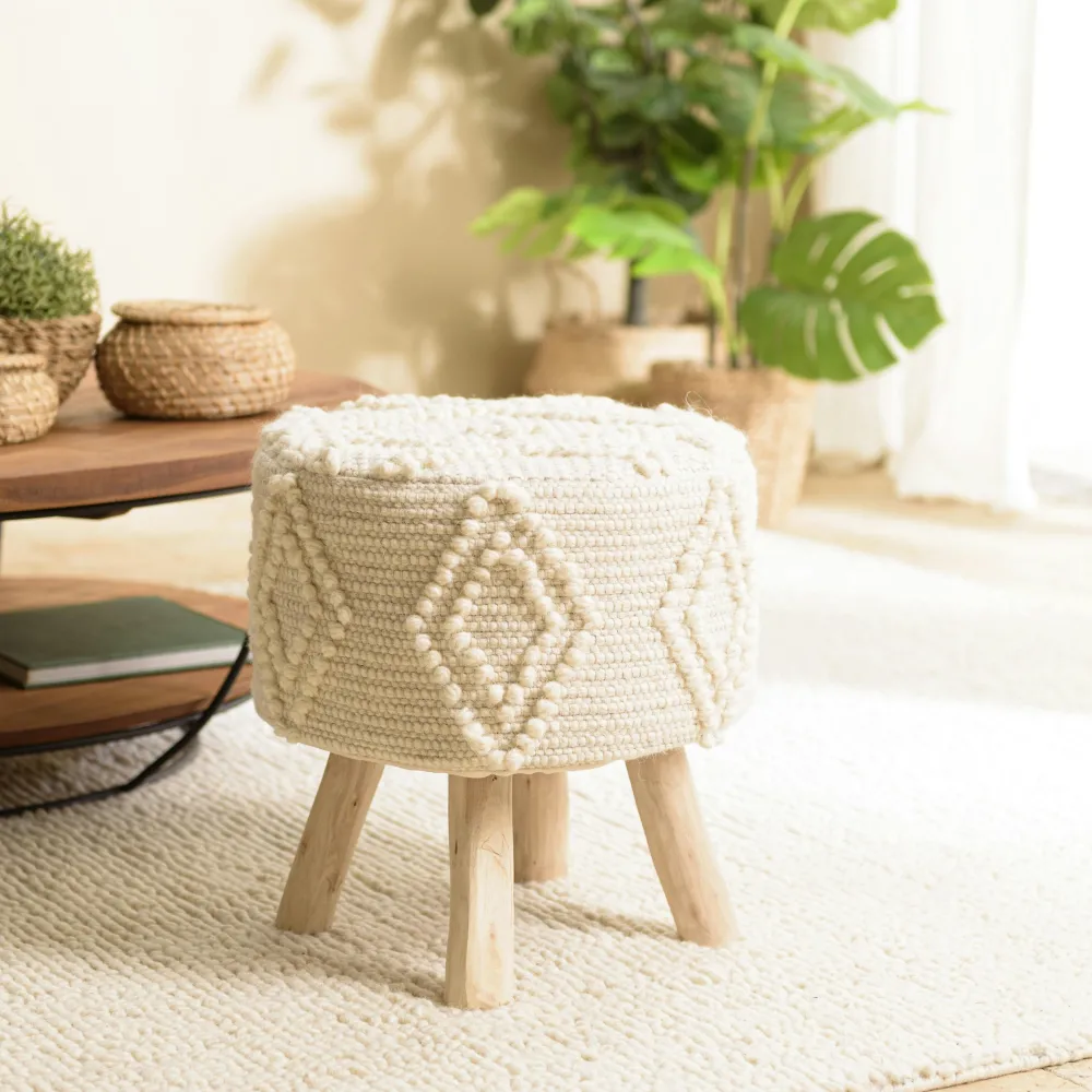 Meubles De Salon·Poufs|Meubles De Salle À Manger·Tabourets|TIM Tabouret rond laine ivoire avec losanges