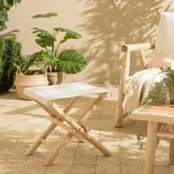 Meubles De Salle À Manger·Tabourets|MANAK Tabouret rondins de teck naturel assise macramé blanc