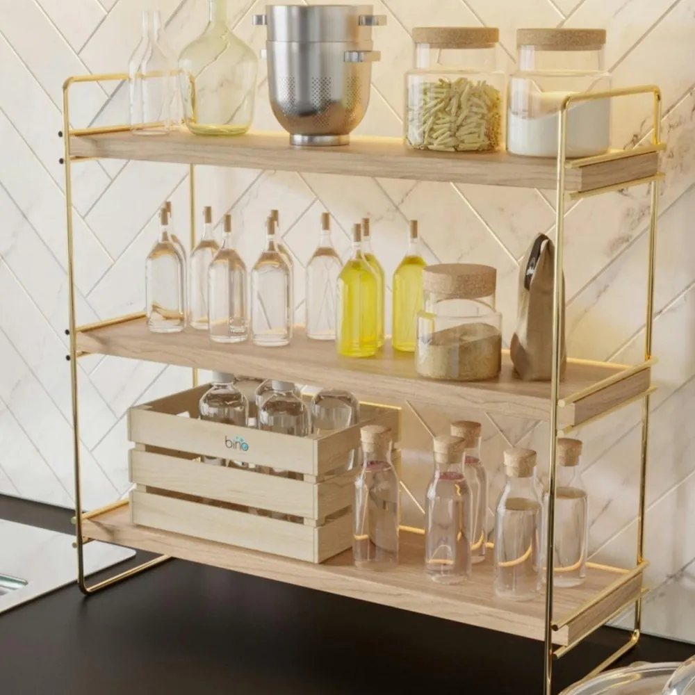 Meubles De Salon·Etagères Murales|Meubles De Rangement·Etagères Murales|AVIALA Étagère cuisine 3 niveaux - bois clair, supports dorés