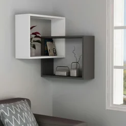 Meubles De Salon·Etagères Murales|Meubles De Rangement·Etagères Murales|MARFA Étagère d'angle blanc & gris - 2 cubes imbriqués