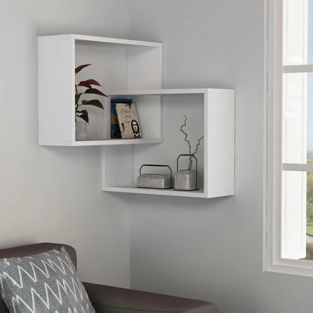 Meubles De Salon·Etagères Murales|Meubles De Rangement·Etagères Murales|MARFA Étagère d'angle blanche design - 2 cubes imbriqués