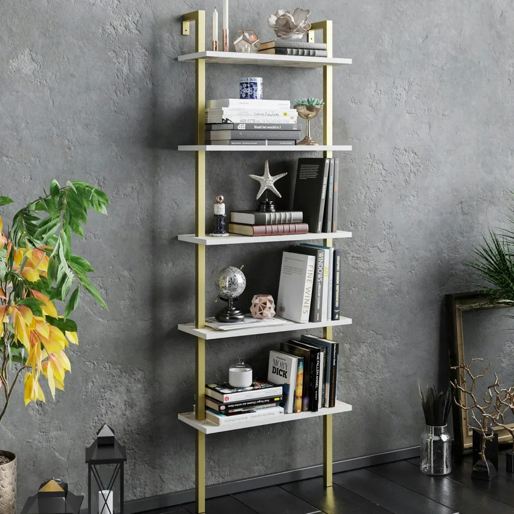 Bibliothèques En Métal|Bibliothèques En Métal|JENA Étagère murale blanche effet marbre 5 plateaux H. 174 cm