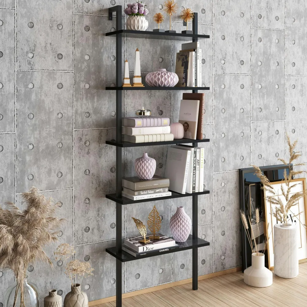 Bibliothèques En Métal|Bibliothèques En Métal|JENA Étagère murale blanche effet marbre 5 plateaux H. 174 cm