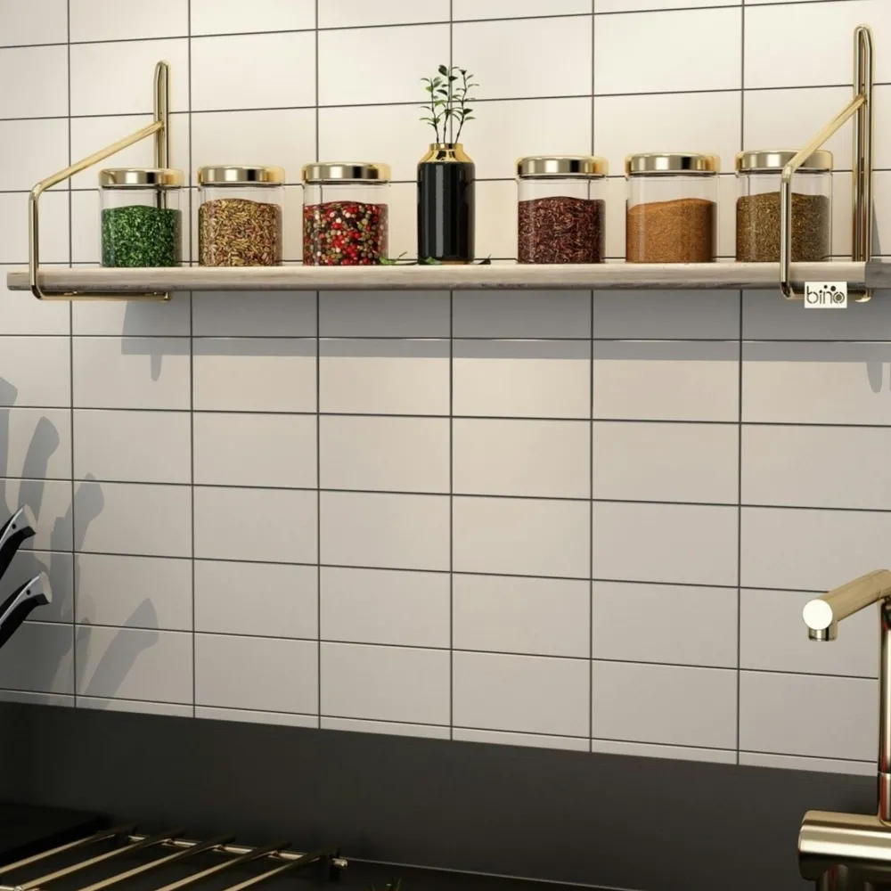 Meubles De Salon·Etagères Murales|Meubles De Rangement·Etagères Murales|AVIALA Étagère murale cuisine - bois clair, supports dorés