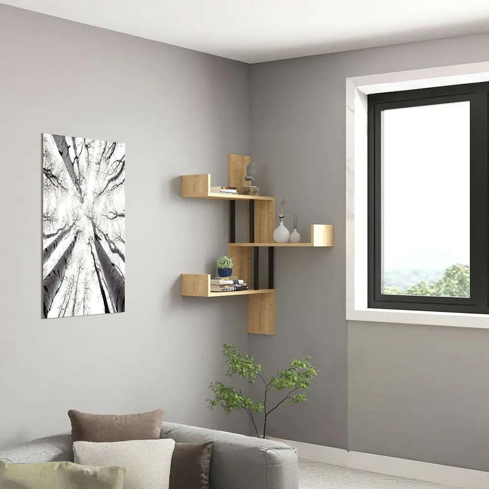 Meubles De Salon·Etagères Murales|Meubles De Rangement·Etagères Murales|JENA Étagère murale d’angle effet bois clair - 3 plateaux