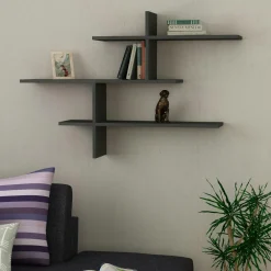 Meubles De Salon·Etagères Murales|Meubles De Rangement·Etagères Murales|MARFA Étagère murale design effet bois gris - 3 plateaux croisés