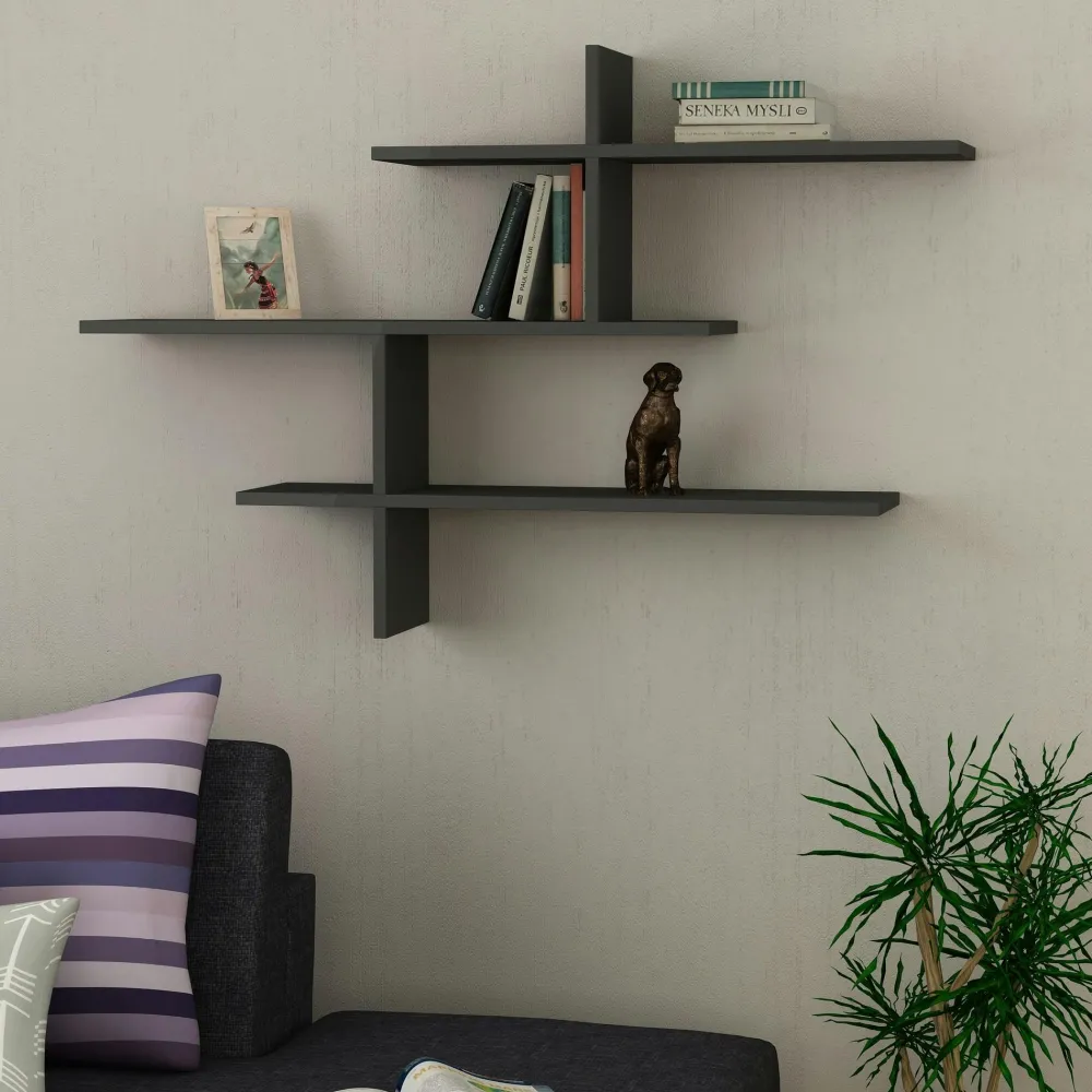 Meubles De Salon·Etagères Murales|Meubles De Rangement·Etagères Murales|MARFA Étagère murale design effet bois gris - 3 plateaux croisés