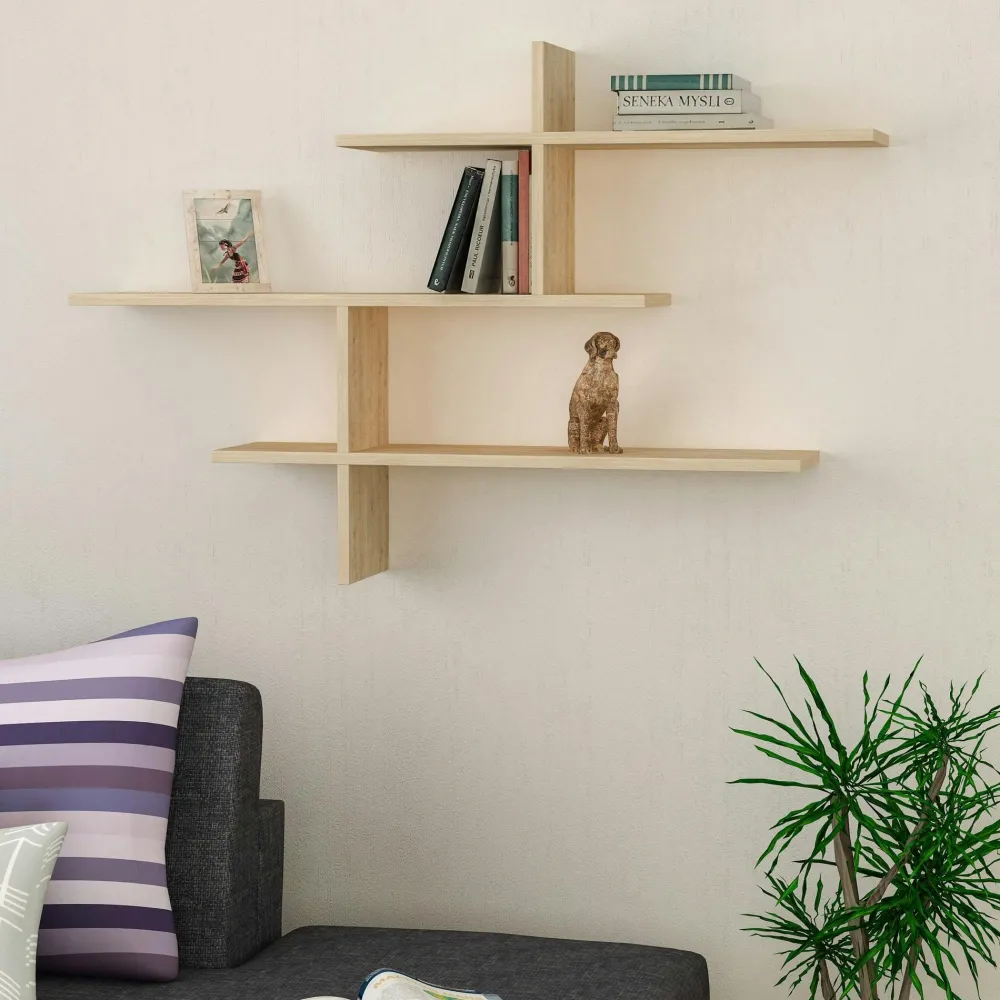 Meubles De Salon·Etagères Murales|Meubles De Rangement·Etagères Murales|MARFA Étagère murale design effet bois gris - 3 plateaux croisés