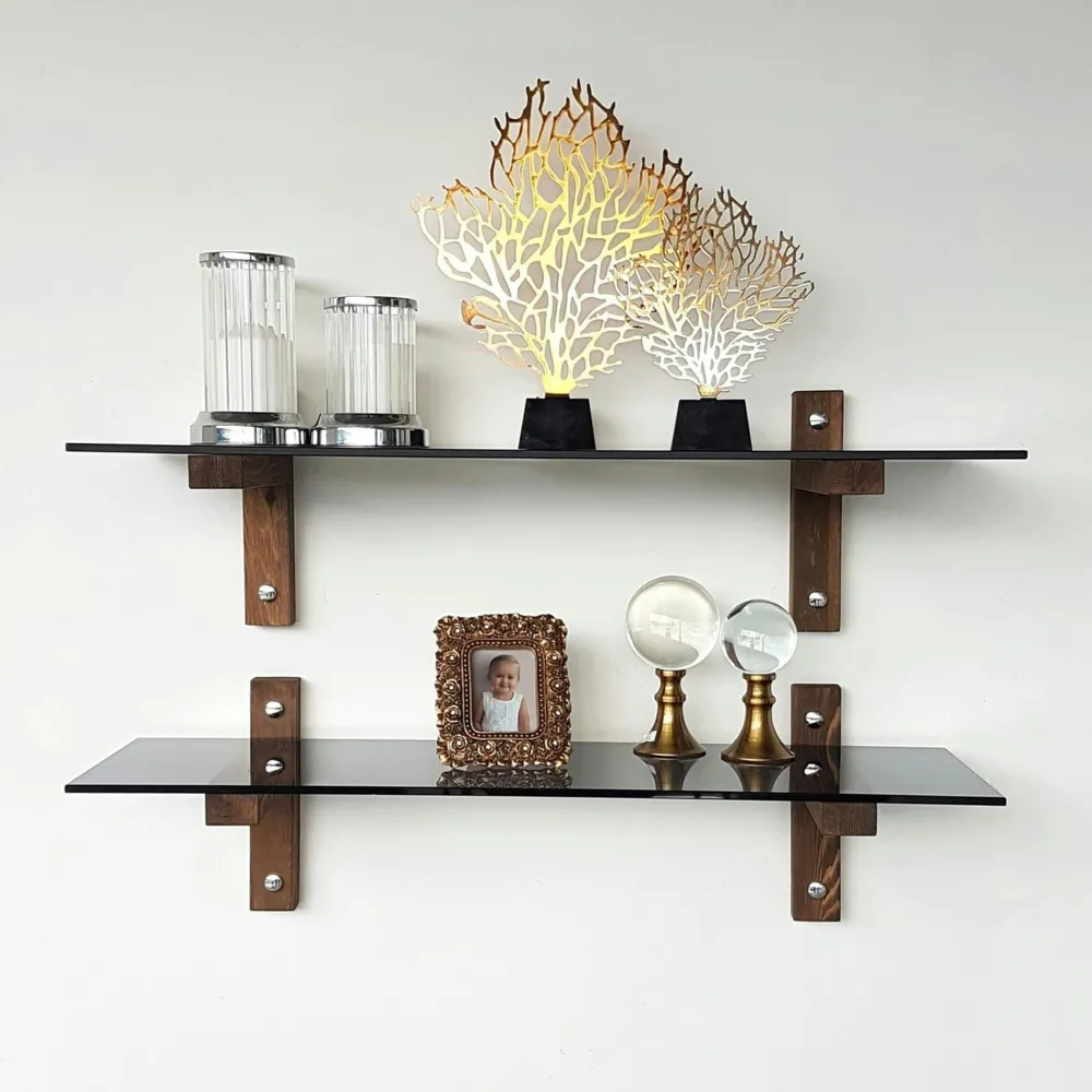 Meubles De Salon·Etagères Murales|Meubles De Rangement·Etagères Murales|LHASA Étagère murale en verre - supports bois foncé (lot de 2)