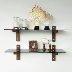 Meubles De Salon·Etagères Murales|Meubles De Rangement·Etagères Murales|LHASA Étagère murale en verre fumé - supports bois foncé (lot de 2)