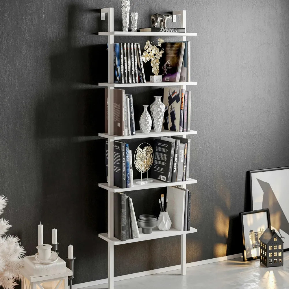 Bibliothèques En Métal|Bibliothèques En Métal|JENA Étagère murale moderne blanche 5 plateaux H. 174 cm