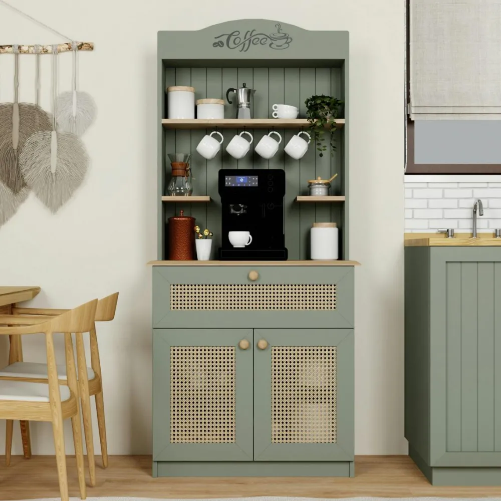 Meubles De Cuisine·Rangement Cuisine|Vaisseliers Contemporains|VAREN Vaisselier de cuisine vert sauge, cannage & niche café