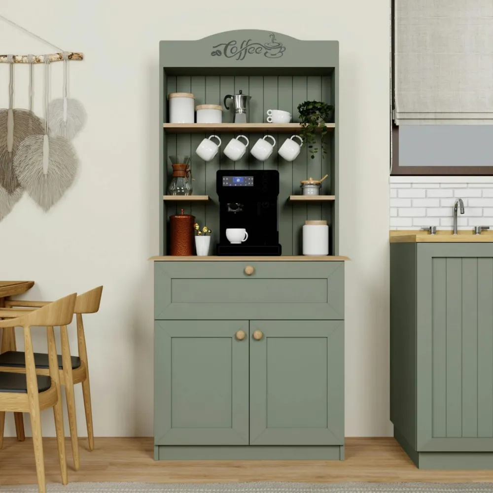 Meubles De Cuisine·Rangement Cuisine|Vaisseliers Contemporains|VAREN Vaisselier de cuisine vert sauge, niche machine à café