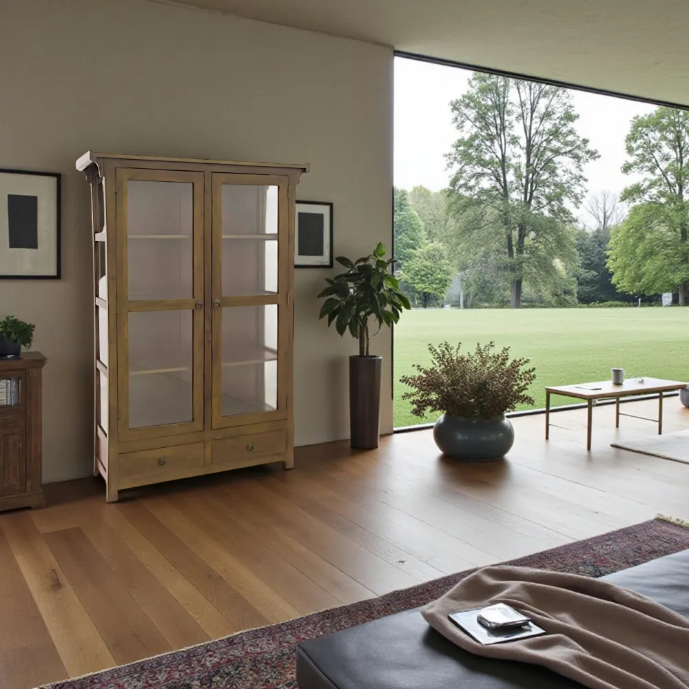 Vaisseliers En Bois|Vaisseliers En Bois|Maori Vitrine Hévéa 2 portes vitrées, 2 tiroirs 120x38x170cm